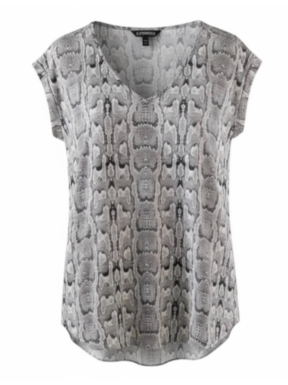 NEW Express Grey & White Snakeskin Print V-Neck Short Sleeve Silky Top